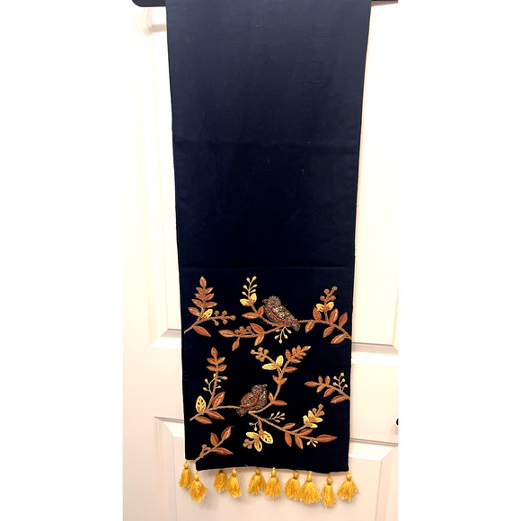 Pier 1 One Imports Beaded Table Runner 72 x 13 Inches Tassels Birds Floral - Picture 2 of 3